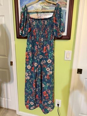 Tommy Hilfiger Floral Off-Shoulder Romper in Teal with Pink & Coral Blooms